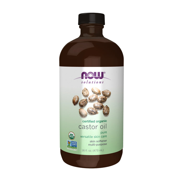 NOW Foods Castor Oil, Organic in Amber Glass features castor seeds on its label as a versatile natural skin emollient. The 16 fl. oz. bottle displays USDA Organic and Non-GMO Project Verified certification logos prominently.