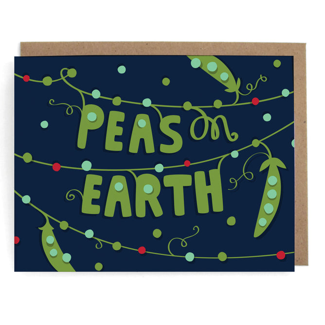 The Neighborgoods Set of 8 Cards - Peas on Earth features green “PEAS ON EARTH” lettering, pea pods, vines, and colorful dots on a dark blue background. Printed with vegetable-based inks and includes brown envelopes.