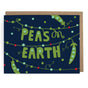 The Neighborgoods Set of 8 Cards - Peas on Earth features green “PEAS ON EARTH” lettering, pea pods, vines, and colorful dots on a dark blue background. Printed with vegetable-based inks and includes brown envelopes.
