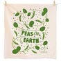 The Neighborgoods Dish Towel + Sponge Cloth features green pea pods, vines, and leaves on beige, with bold “PEAS on EARTH” text and green dots for a fun, eco-friendly look.