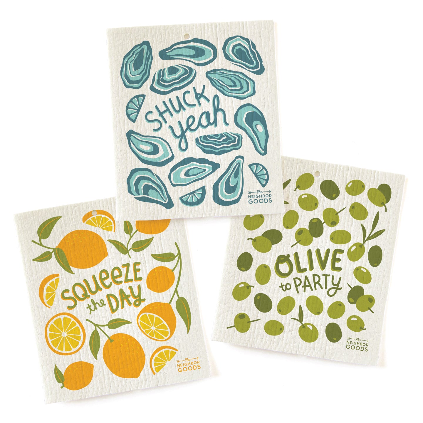 The Neighborgoods Sponge Cloth set includes three eco-friendly cloths: oysters with “Shuck Yeah”, lemons with “Squeeze the Day”, and olives with “Olive to Party”—each featuring playful, colorful designs for your kitchen.