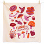 The Neighborgoods Dish Towel Set features colorful mushroom illustrations in red, orange, and pink with Funging Awesome playfully at the center—an eye-catching addition to your kitchen towel collection.