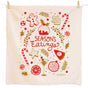 The Neighborgoods Dish Towel Set of 2 - Happy Holidays features festive cotton towels with red and gold holiday treats and Seasons Eatings in the center—a perfect seasonal gift for any kitchen!.