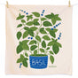 A basil plant with green leaves and blue flowers in a blue-striped pot labeled BASIL is illustrated on this Dish Towel Set by The Neighborgoods, set against a light cotton background.
