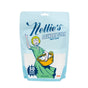 A blue and white Nellie's Laundry Soda pouch (726g/1.6 lbs) features a retro-style woman in a green dress with a laundry basket. The powder detergent package states it provides 50 loads.