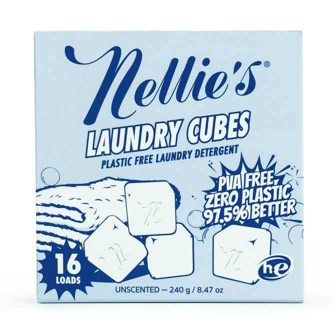 Nellie's Laundry Cubes, 16 Load, come in blue and white packaging with three illustrated cubes. The box highlights 