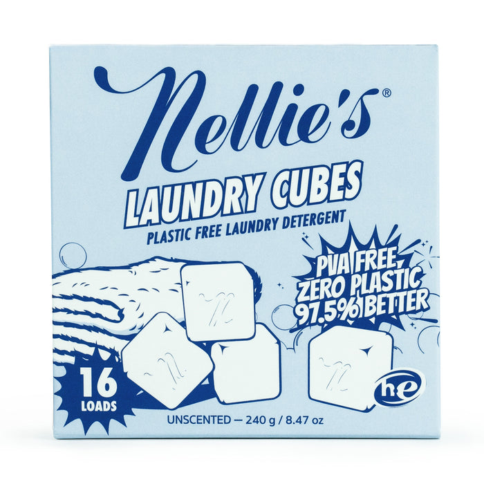 Nellie's Laundry Cubes, 16 Load, come in blue and white packaging with three illustrated cubes. The box highlights "PVA Free, Zero Plastic, 97.5% Better, Concentrated cleaning power, Unscented, 240g/8.47oz, HE.