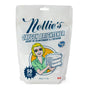 Nellie’s Oxygen Brightener, a hypoallergenic bleach alternative, comes in a white bag showing a cartoon woman in green with folded towels. The bilingual package contains 50 scoops and features both English and French text.