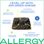 In the center, a dark, square air-dried chew—Native Pet Allergy Chews Supplement for Dogs—is shown with arrows: colostrum supports immunity, probiotics aid immune health, spirulina helps seasonal allergies. Made with real chicken.