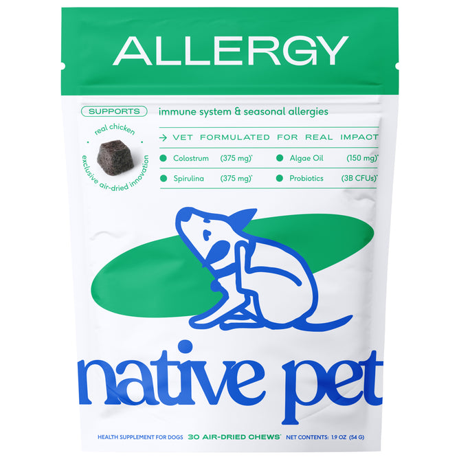 A white resealable pouch labeled Native Pet Allergy Chews Supplement for Dogs features a blue dog outline and lists ingredients like colostrum, algae oil, spirulina, and probiotics to support immunity and relieve itchy skin.