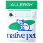 A white resealable pouch labeled Native Pet Allergy Chews Supplement for Dogs features a blue dog outline and lists ingredients like colostrum, algae oil, spirulina, and probiotics to support immunity and relieve itchy skin.