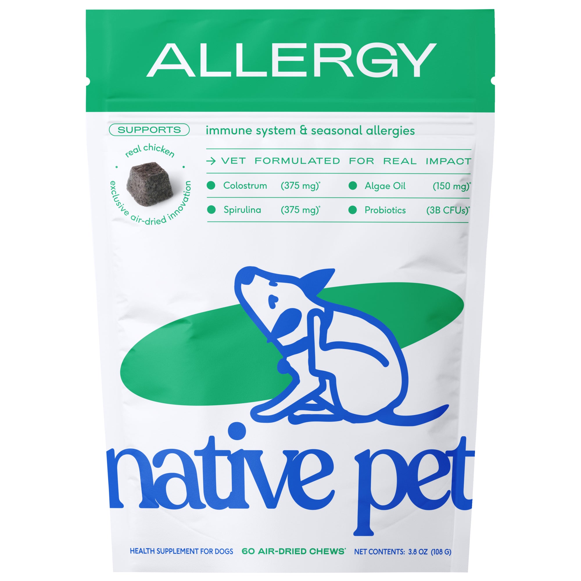 A bag of Native Pet Allergy Chews Supplement for Dogs, with a blue dog scratching outline, green ALLERGY text and supplement info, real chicken label, and 60 air-dried chews for itchy skin and immune support.