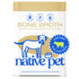 A white container of Native Pet Beef Bone Broth Topper for Dogs, with blue dog and food bowl illustrations, highlights “real beef,” “only 2 ingredients,” “collagen,” “vet developed,” and “grass-fed beef” on the label.