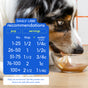 A dog eats from a glass bowl, enjoying Native Pet’s Beef Bone Broth Topper for Dogs—perfect for picky eaters. Overlaid is a chart with daily serving sizes in tablespoons and water cups by weight category (1–100+ lbs).