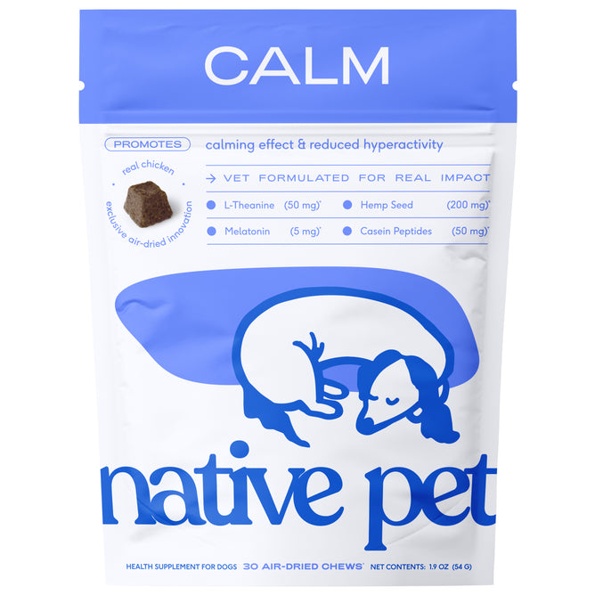 Native Pet Calm Chews Supplement for Dogs comes in a blue and white package with a sleeping dog illustration. The bag contains 30 air-dried chicken chews designed to promote calmness in dogs.