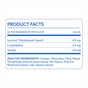 Native Pet Calming Supplement for Cats product facts label, listing active ingredients per 0.4-gram scoop as Lactium (6.8 mg), L-tryptophan (5.6 mg), and Taurine (0.6 mg), followed by inactive ingredients including chicken, fiber, starches, and preservatives.