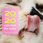 A close-up of a cat licking its nose with a pink overlay reading 20/20 cats love the taste, featuring a footnote about a palatability study for Native Pet Hairball Support Supplement for Cats.