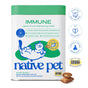 Tub of Native Pet Immune Supplement for Cats featuring a cartoon cat and two crunchy treats in front.