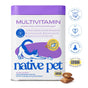 Native Pet Whole Body Health Multivitamin for Cats in a cylindrical container featuring a stretching cat, text highlighting immune, coat, and body support, and two chewable treats in the foreground.