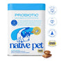 White canister of Native Pet Probiotic Digestive Supplement for cats, featuring an illustration of a cat and two probiotic and prebiotic chewable treats in the foreground.
