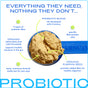 A blue scoop holds beige Probiotic Digestive Supplement for Dogs by Native Pet. Text highlights prebiotic fiber, a probiotic blend for digestive wellness, Jerusalem artichoke, and pumpkin seed to support pet gut health.