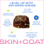A single brown Skin and Coat Chews Supplement for Dogs by Native Pet is shown with labeled benefits: collagen for elasticity, biotin for a healthy coat, hyaluronic acid for hydration, and made with Real Chicken.