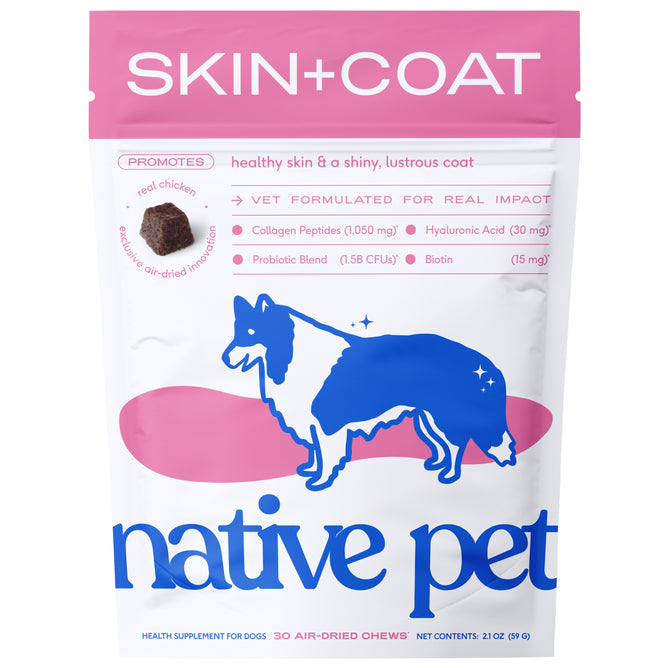 A pink and white bag of Native Pet Skin and Coat Chews Supplement for Dogs features a blue dog silhouette, highlights Biotin for skin and coat health, and contains 30 air-dried chews with real chicken.
