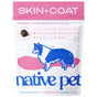 A pink and white bag of Native Pet Skin and Coat Chews Supplement for Dogs features a blue dog silhouette, highlights Biotin for skin and coat health, and contains 30 air-dried chews with real chicken.