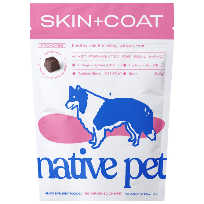 A pink and white bag of Native Pet Skin and Coat Chews Supplement for Dogs, featuring a blue dog silhouette and product details, supports healthy skin and a shiny coat with real chicken in convenient air-dried chews.