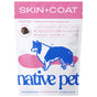 A pink and white bag of Native Pet Skin and Coat Chews Supplement for Dogs, featuring a blue dog silhouette and product details, supports healthy skin and a shiny coat with real chicken in convenient air-dried chews.