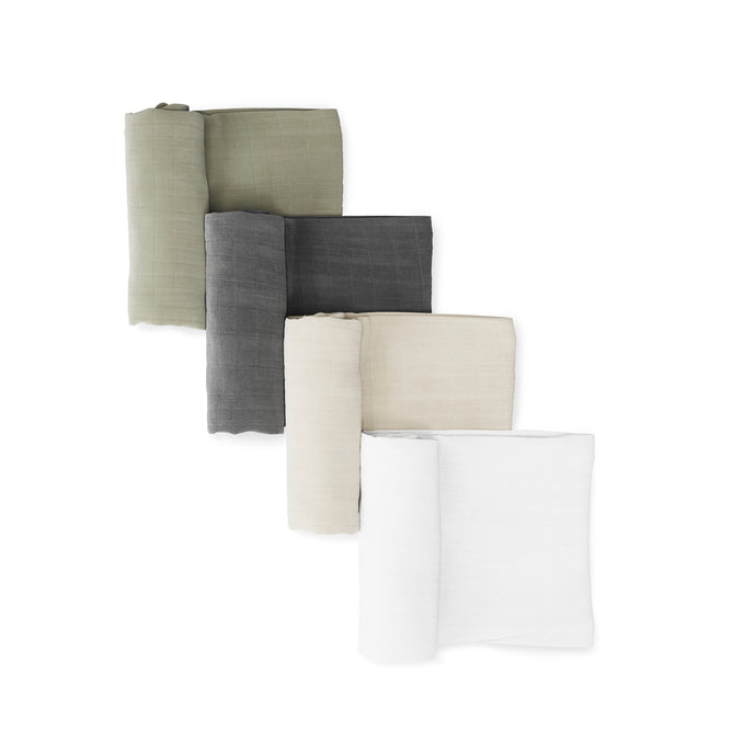 Four folded Naturepedic Organic Breathable Swaddle Blankets, in olive green, dark gray, beige, and white, are stacked diagonally on a white background. This multi-color pack is made from GOTS certified organic cotton for breathability.
