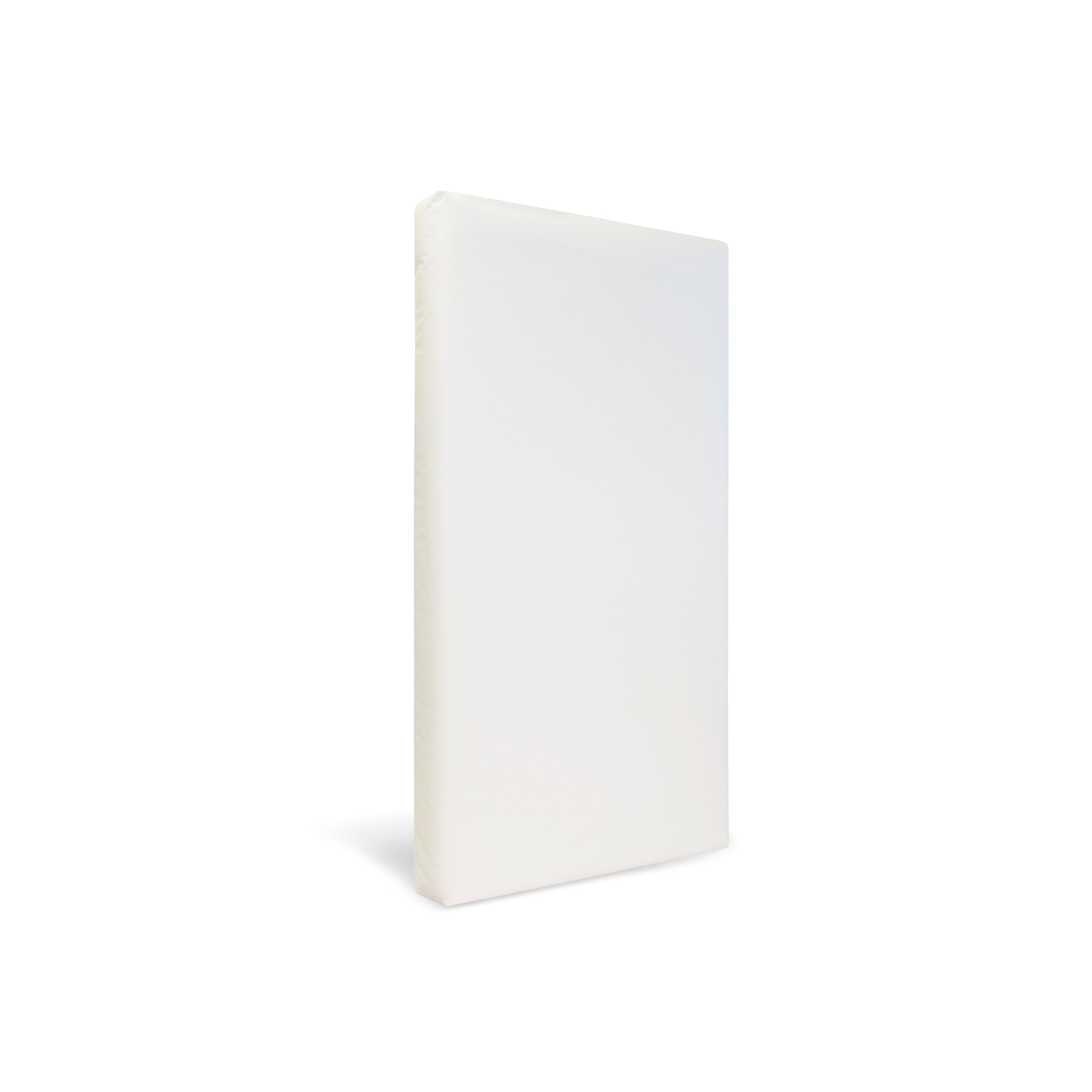The Naturepedic Classic Organic Cotton Baby Crib Mattress stands upright against a white background, showcasing its smooth, soft-edged, GOTS certified surface.