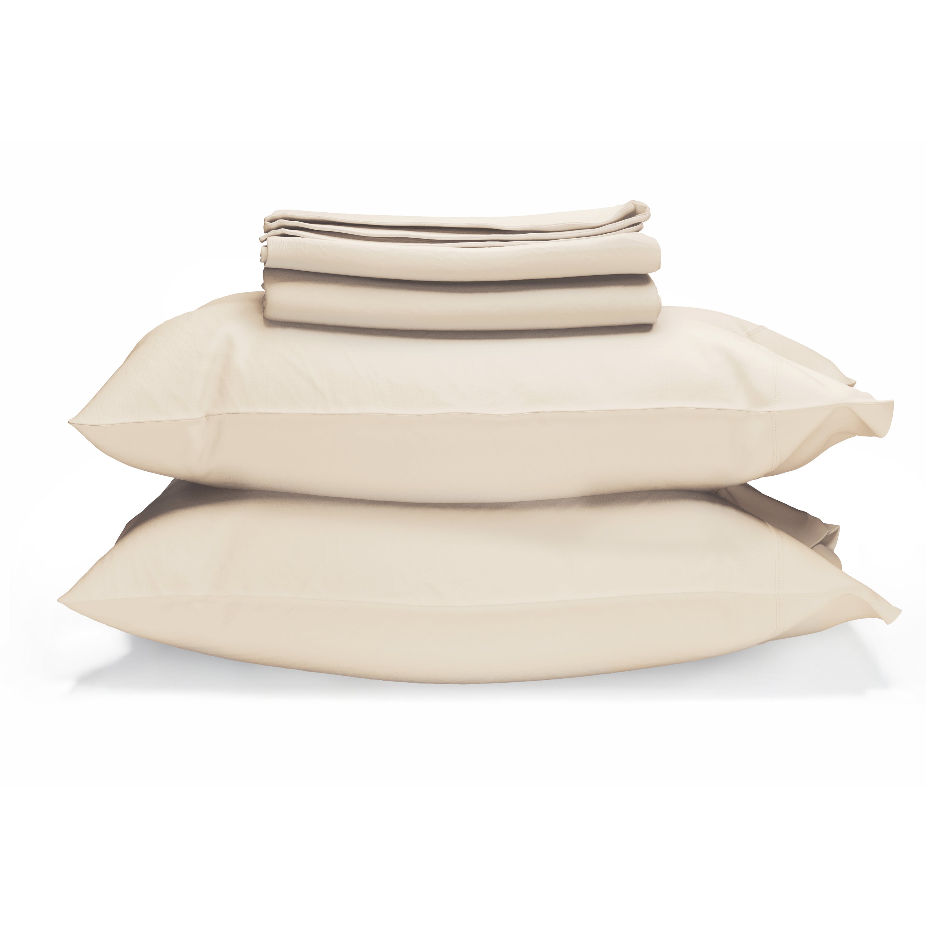 Two large beige pillows are stacked with the Naturepedic Percale Sheet Set—GOTS Certified Organic Cotton—neatly folded on top, all against a white background.