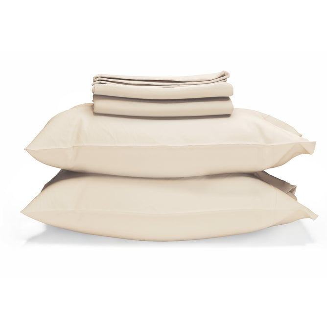 Two large beige pillows are stacked with the Naturepedic Percale Sheet Set—GOTS Certified Organic Cotton—neatly folded on top, all against a white background.