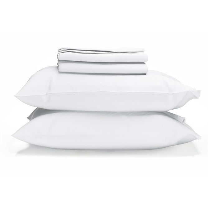 A neatly folded stack of Naturepedic Percale Sheet Set - GOTS Certified Organic Cotton and pillowcases rests atop two white pillows, all arranged against a plain white background.