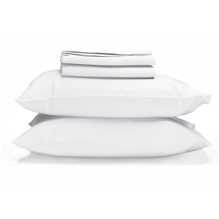A neatly folded stack of Naturepedic Percale Sheet Set - GOTS Certified Organic Cotton and pillowcases rests atop two white pillows, all arranged against a plain white background.