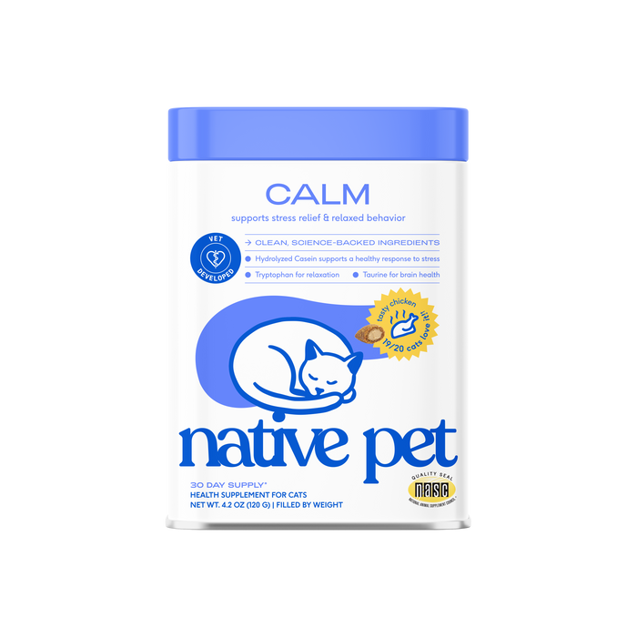 A cylindrical container of Native Pet Calming Supplement for Cats with a blue lid, featuring a line drawing of a curled-up cat, a chicken-flavored treat icon, and text describing ingredients and stress relief.
