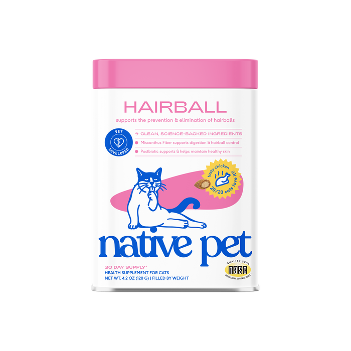 Native Pet Hairball Support Supplement for Cats in a white canister with a pink lid featuring an illustration of a cat, detailing chicken-flavored hairball support and supplement ingredients.
