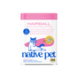 Native Pet Hairball Support Supplement for Cats in a white canister with a pink lid featuring an illustration of a cat, detailing chicken-flavored hairball support and supplement ingredients.