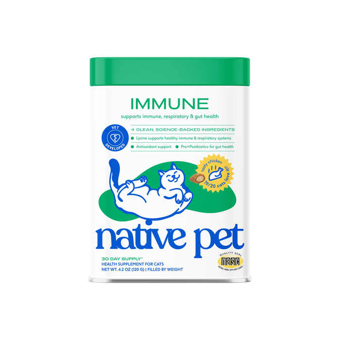 White Native Pet Immune Supplement for Cats canister with a green lid, featuring an illustration of a cat and text detailing the benefits of this lysine supplement.