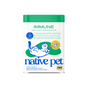 White Native Pet Immune Supplement for Cats canister with a green lid, featuring an illustration of a cat and text detailing the benefits of this lysine supplement.