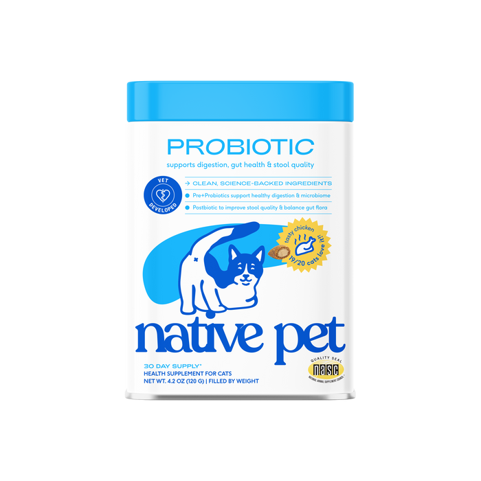 Container of Native Pet Probiotic Digestive Supplement for Cats featuring an illustration of a cat and text detailing health benefits, ingredients, and a 30-day supply of this digestive supplement.