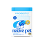 Container of Native Pet Probiotic Digestive Supplement for Cats featuring an illustration of a cat and text detailing health benefits, ingredients, and a 30-day supply of this digestive supplement.