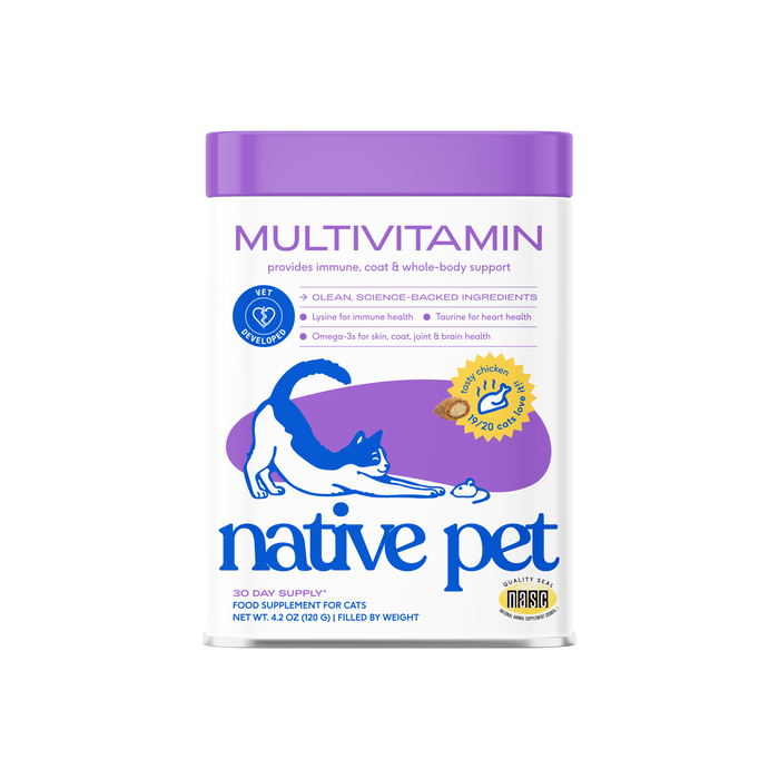 A container of Native Pet Whole Body Health Multivitamin for Cats with a purple lid and an illustration of a cat stretching for immune support.