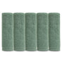 Five Natemia Organic Super Absorbent Washcloths made from 100% GOTS Certified Cotton in sage green are rolled upright in a row against a white background.