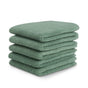 A stack of five neatly folded green Natemia Organic Super Absorbent Washcloths, made from 100% GOTS Certified Organic Cotton, is displayed against a white background.