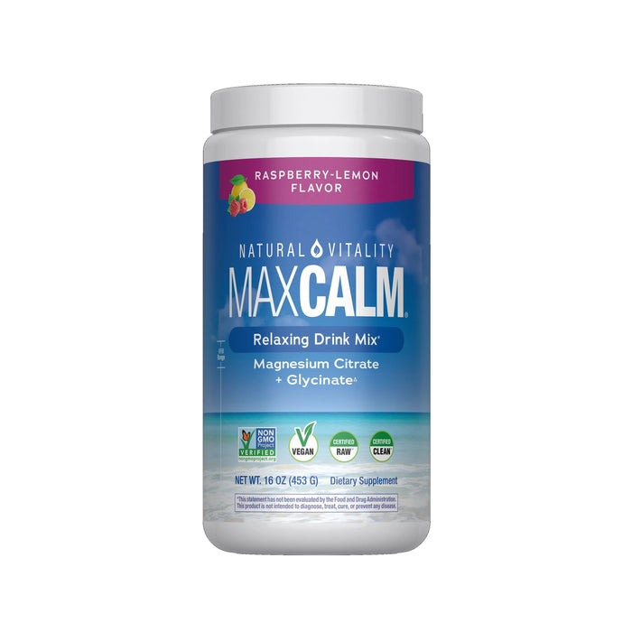 A container of Natural Vitality MAXCALM Powder Raspberry-Lemon magnesium citrate with glycinate. The label features Non-GMO, vegan, and gluten-free icons on an ocean background.