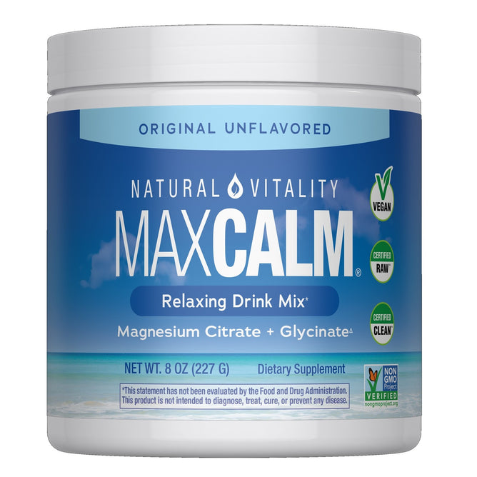 A container of Natural Vitality Calm Magnesium Powder, original unflavored. This vegan, non-GMO supplement offers stress relief with magnesium citrate and glycinate. Certified clean and raw. Net weight: 8 oz (227g).