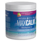 A container of Natural Vitality MAX CALM Magnesium Powder, raspberry-lemon flavor, with magnesium citrate & glycinate for stress relief. The 8 oz label displays fruit images in calming blue and purple tones.