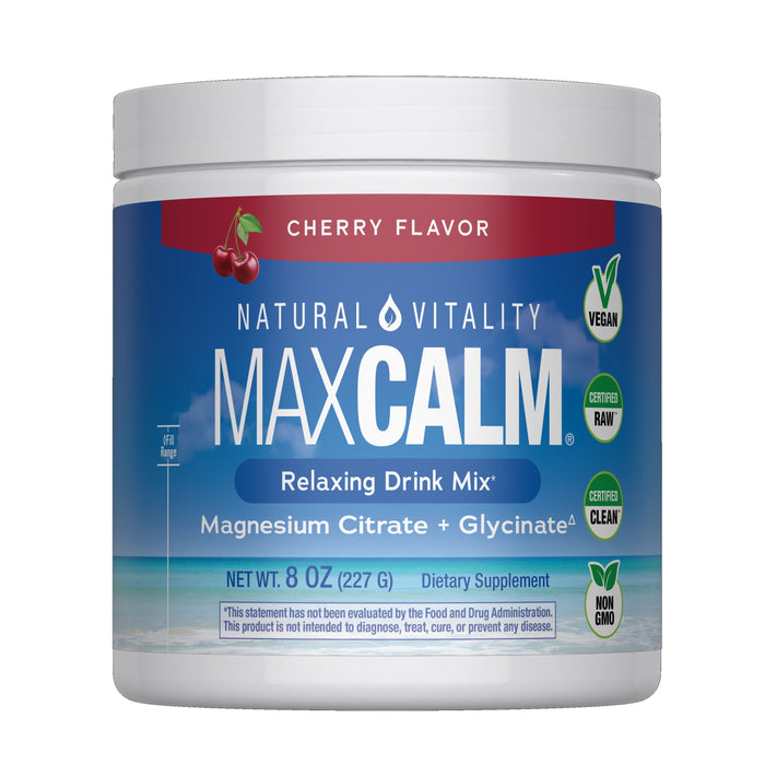 A white container of Natural Vitality MAXCALM Powder Cherry, a vegan, raw, clean, non-GMO relaxation supplement with ionic magnesium citrate. Net weight: 8 oz (227 g).